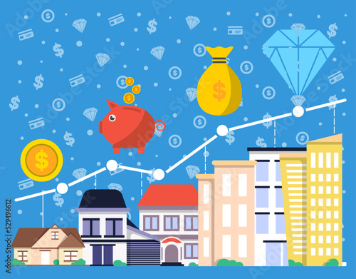 Investment in real estate vector illustration. Financial growing diagram, property investment, buying and renting commercial real estate, property management and development concept