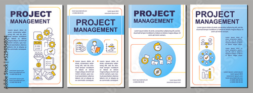 Project management blue brochure template. Business development. Leaflet design with linear icons. 4 raster layouts for presentation, annual reports