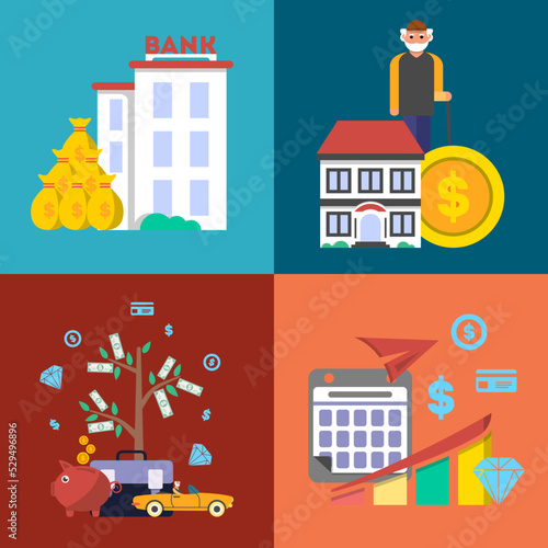 Investment in old age banner set vector illustration. Presentation of retirement money plan, financial growing, finance and banking, strategic management of pension finance, life to retire concept
