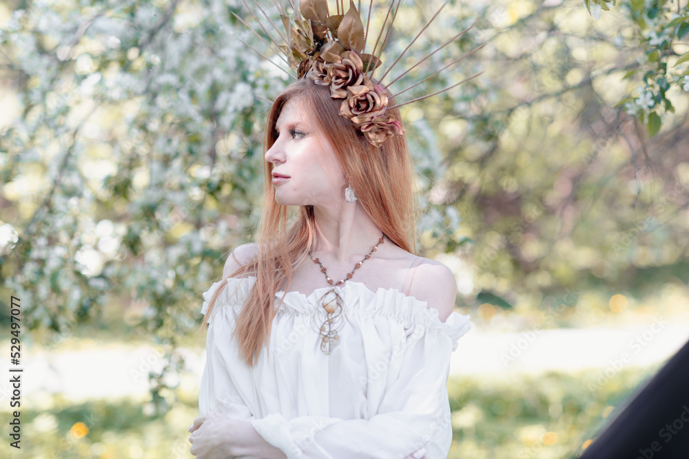 Bride of the sun in white in the apple trees Bride of the sun in white in the apple trees