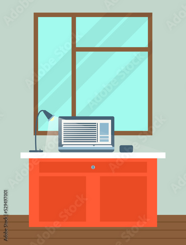 Office interior with laptop and lamp on table near window vector illustration. Modern business workplace with computer in flat design. Home cabinet with workspace for job and edication