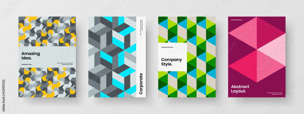 Vivid annual report design vector template bundle. Trendy geometric pattern poster layout composition.