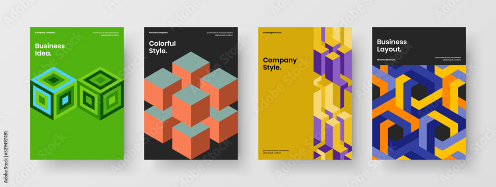 Creative booklet design vector concept collection. Vivid geometric hexagons banner layout composition.