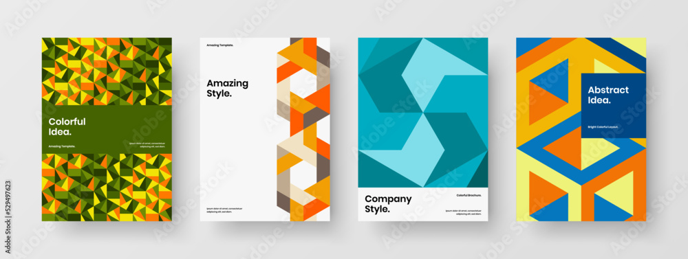 Creative geometric pattern booklet layout bundle. Vivid company brochure A4 design vector illustration set.