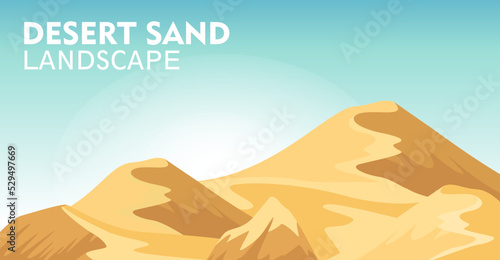 Desert sand landscape background vector illustration. Blue sky and yellow sand dunes, dry desert mountain sandstone under sun backdrop. Outdoor adventure, nature travel and tourism banner.