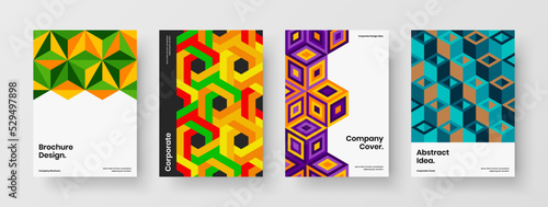 Vivid mosaic shapes company brochure layout composition. Clean magazine cover vector design template collection.