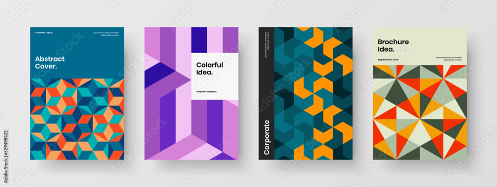 Fresh geometric shapes leaflet concept collection. Minimalistic handbill A4 design vector layout bundle.