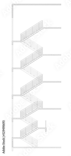 2D CAD architectural drawing section of the stairs that connect the 4 floors of the building. The stairs have steel railings on each side. Each step of the stairs is numbered to make counting easier.
