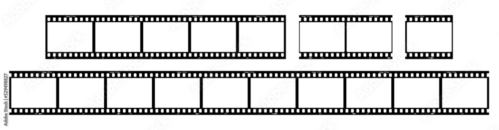 35mm film strip vector design frames set on white background. Black retro film reel symbol collection to use in photography, television, cinema, photo frame, memories, multimedia, film production.
