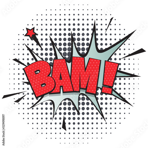 Bam comic speech bubble for emotion isolated on white background vector illustration. Sound effect, comics book balloon, cartoon lettering in pop art style