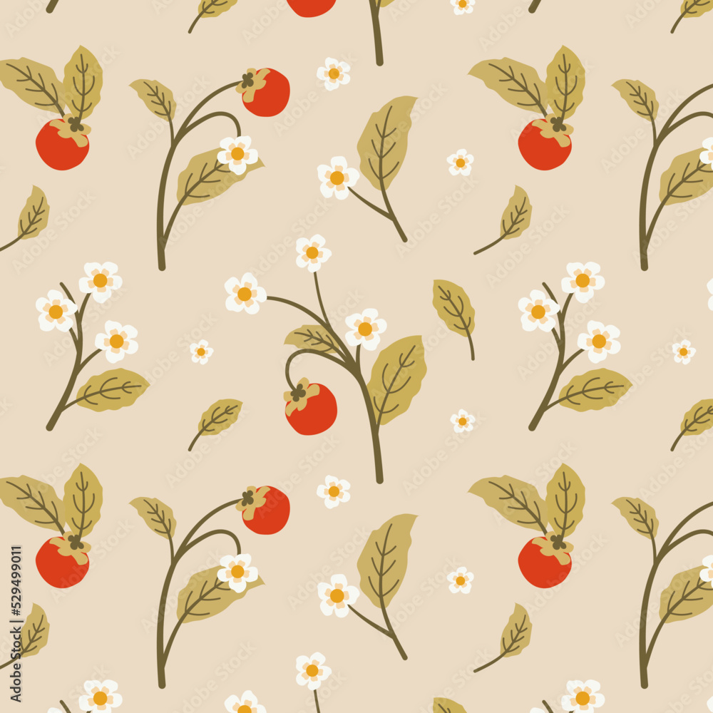Charming vector pattern with red berries and white flowers. Botanical pattern of edible berries. Suitable for prints, backgrounds, wraps, fabrics, decorations.