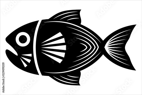 Fish illustration in black and white. Monochrome abstract fish icon isolated on white background.