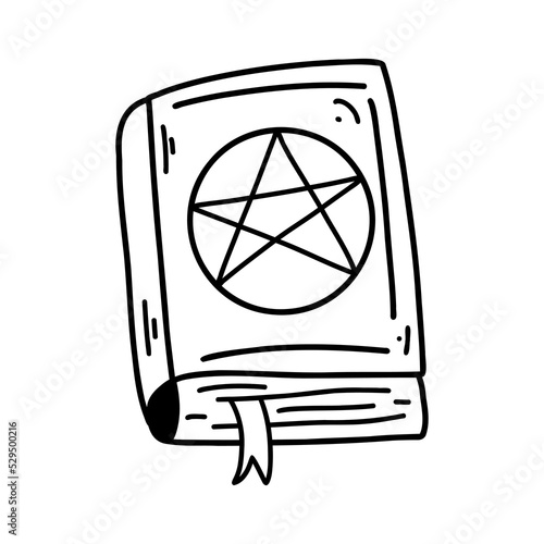 Hand drawn doodle magic book. Vector illustration of wizard spell book. Halloween cartoon element, vector sketch illustration, line art for web design, icon, print, coloring page