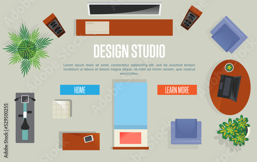 Design studio concept with top view apartment vector illustration. Living room with armchair, table, exercise bike, home cinema. Contemporary studio apartments architectural plan, creative project