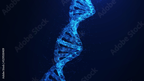 DNA genetic modeling technology concept. helix interconnected polygons on dark blue background
