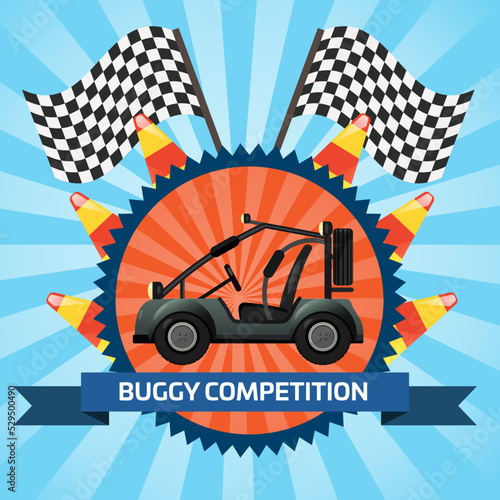 Buggy car competition banner with checkered flag vector illustration. Outdoor auto rally, extreme terrain vehicle sport, dune buggy race, spectacular 4x4 motor show, off road trophy championship.