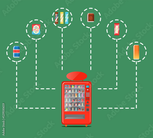 Automatic vending machine infographics vector illustration. Cold drink can, snack, chocolate bar, chips packaging, fast food retail. Automatic seller front view with full shelves advertisement poster