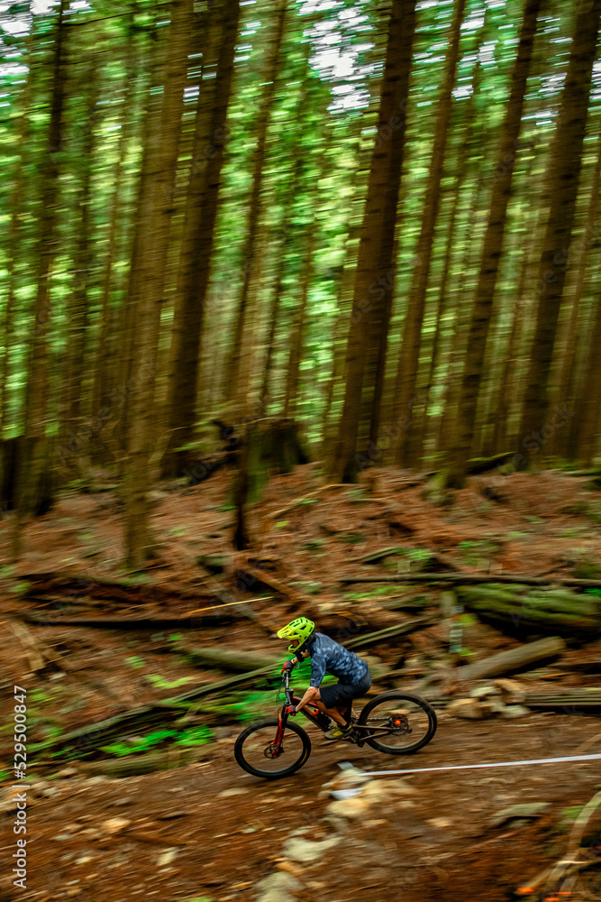 Man mountain biking through forest Man mountain biking through forest