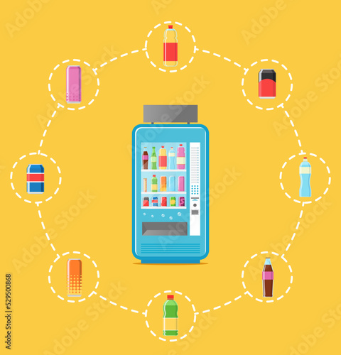 Automatic vending machine infographics vector illustration. Cold drink can, cola or soda bottle, packaging beverage retail. Automatic seller front view with full shelves advertisement poster.