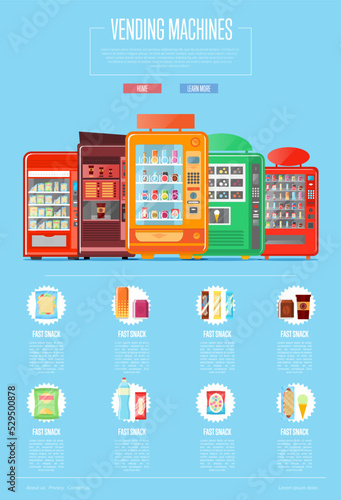 Automatic vending machine set vector illustration. Cold drink can, snack, chips packaging, hot dog, sandwich, ice cream, fast food retail. Automatic seller front view with full shelves advertisement