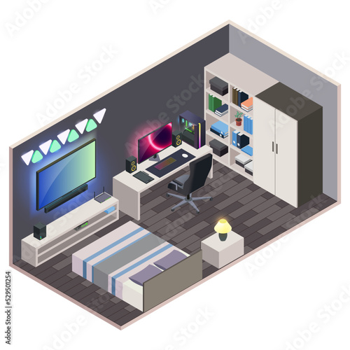 Modern isometric bedroom. Interior with bed, tv, table PC, bookshelf. Vector illustration