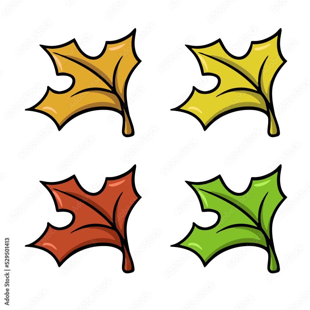 A set of autumn icons. Small orange, red and green autumn maple leaf, leaf fall, vector cartoon A set of autumn icons. Small orange, red and green autumn maple leaf, leaf fall, vector cartoon