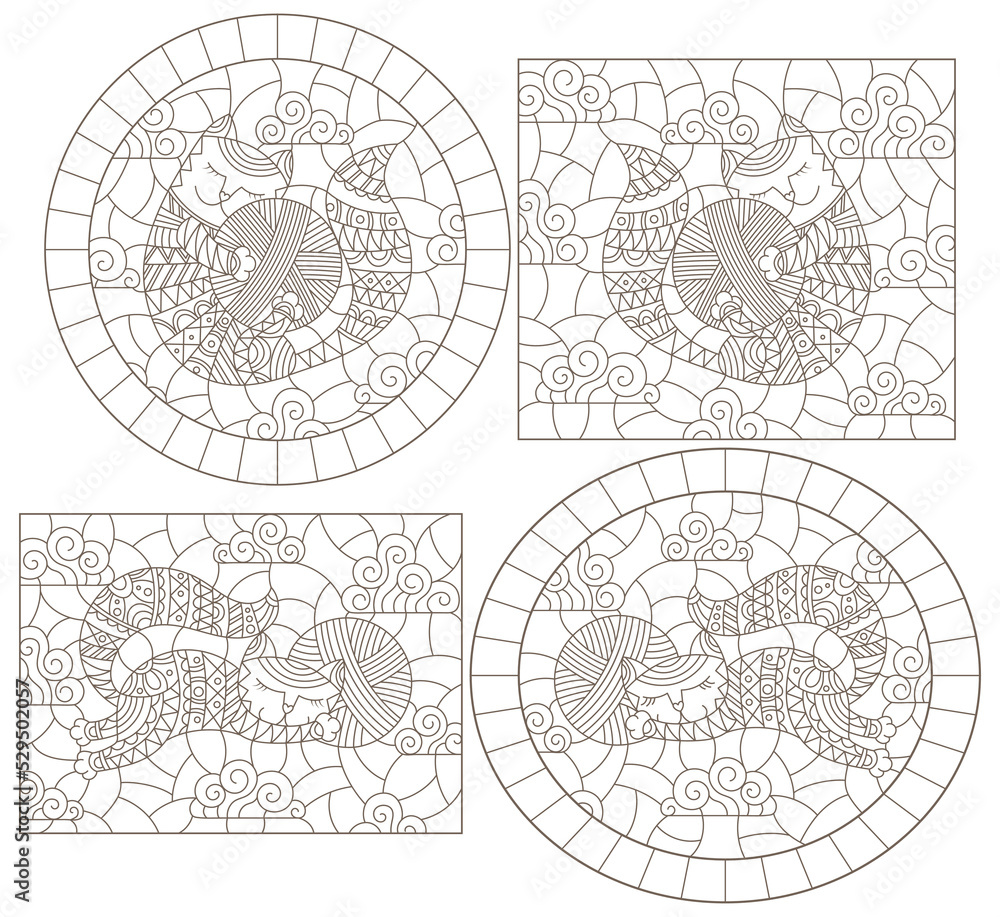 Set of contour illustrations of stained glass Windows with cute cartoon cats on a cloud background, dark contours on a white background Set of contour illustrations of stained glass Windows with cute cartoon cats on a cloud background, dark contours on a white background