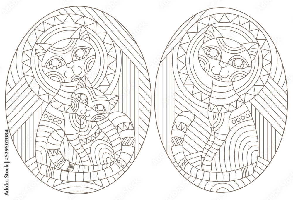 Set of outline illustrations in the style of stained glass with abstract cats , dark outlines on white background Set of outline illustrations in the style of stained glass with abstract cats , dark outlines on white background