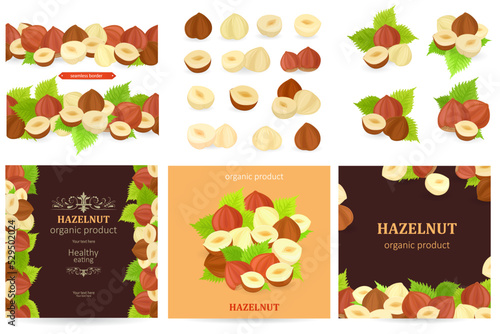 collection of seamless horizontal borders with hazelnuts. nutty