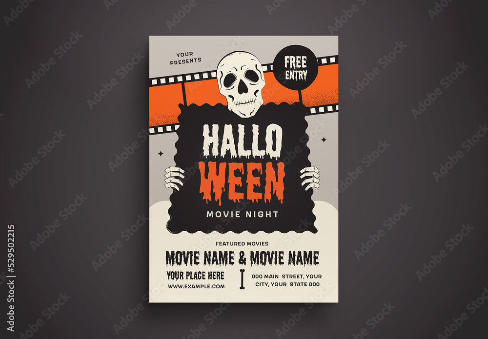 Gray Orange Flat Design Halloween Movie Night Flyer Layout Stock ...