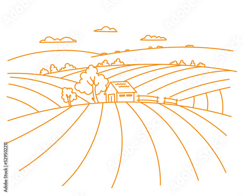 Ranch field. Barn farm. Agricultural landscape. Editable stroke.