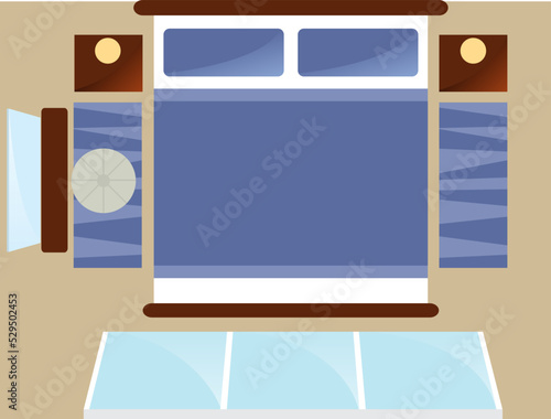 Top view bedroom interior with window isolated vector illustration. Apartment furniture design with bed, mirror, carpet, and bedside table in flat design