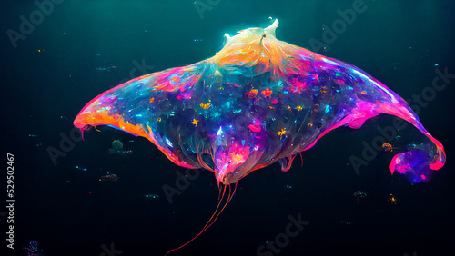 giant manta ray on the dark and colorful sea