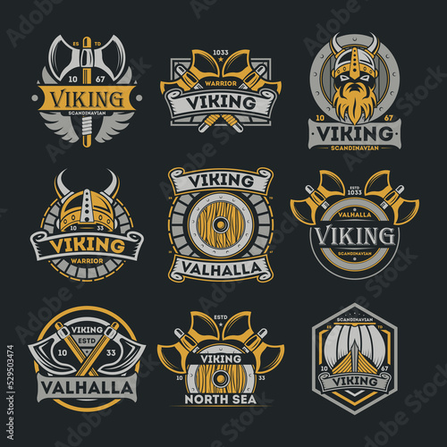 Viking vintage label set isolated vector illustration. Scandinavian viking warrior badge, valhalla and north sea emblem. Medieval barbarian element collection with shield, ax, horned helmet, boat