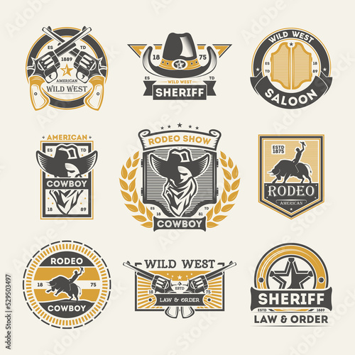 Wild west vintage label set isolated vector illustration. American rodeo show badge, cowboy saloon logo, sheriff law & order emblem. Authentic western element collection in monochrome style.
