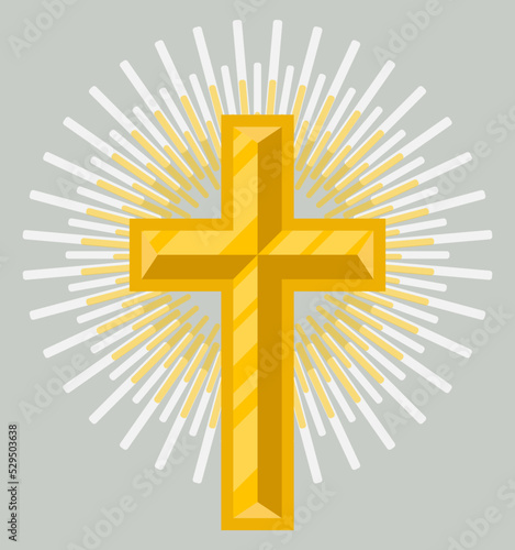 Golden crucifix icon isolated on grey background vector illustration. Christianity religion symbol in flat design.