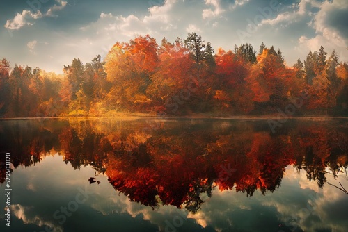 Autumn forest - beautiful fall colors, orange, yellow, red and green trees, water, river, lake, reflections
