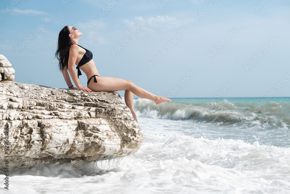 a beautiful young girl in a sexy swimsuit on a white rock by the sea