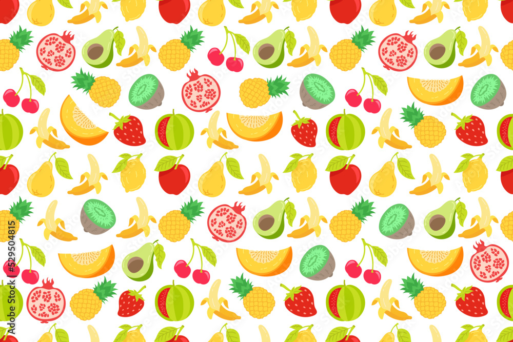 Doodle fruits seamless pattern background. Tropical fruit set. Juicy colors. Vector illustration. Doodle fruits seamless pattern background. Tropical fruit set. Juicy colors. Vector illustration.