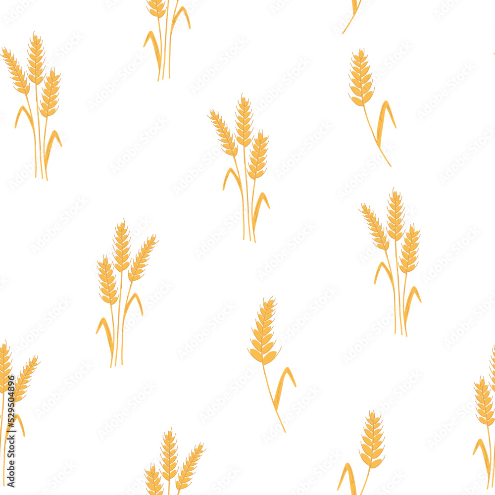 Seamless pattern with spikelets and grains of wheat on white background. Vector cartoon flat illustration for backery packaging, flour production, agriculture, harvest design Seamless pattern with spikelets and grains of wheat on white background. Vector cartoon flat illustration for backery packaging, flour production, agriculture, harvest design