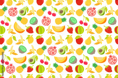 Doodle fruits seamless pattern background. Tropical fruit set. Juicy colors. Vector illustration.