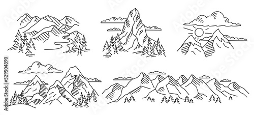 Mountains landscape. Line sketch. Illustration set. Vector editable outline stroke thickness.
