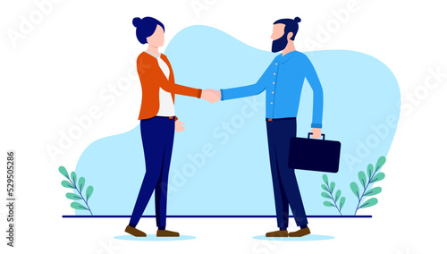 Handshake man and woman - Businessman and businesswoman shaking hands over business deal and agreement. Flat design vector illustration with white background
