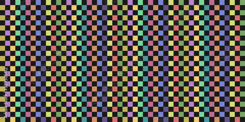 Black checkers and colored lining. Checkerboard pattern vector seamless, colored and black cells.