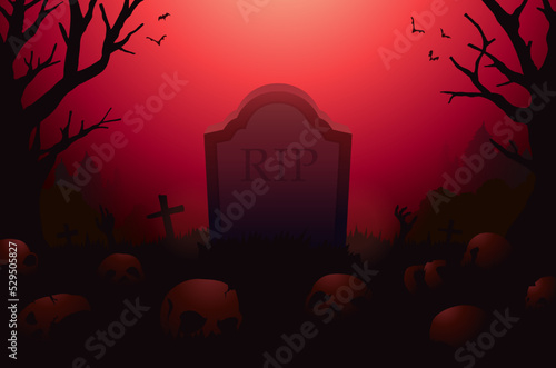 Gravestone with RIP word engraved inscription on the front area in the graveyard with many skulls. Cemetery scene is full of skeletons, cadaver, and skulls.