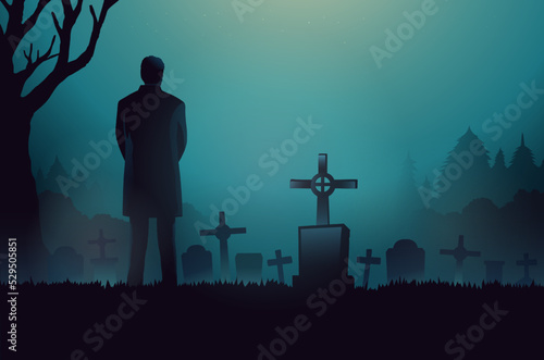 Fototapeta Silhouette back of a man standing and mourning in front of a gravestone with a cross on the top