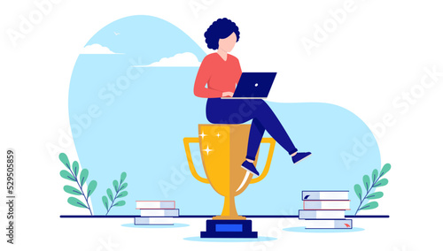 Ambitious woman - Casual businesswoman sitting on trophy with laptop computer reading and learning new things. Flat design vector illustration with white background