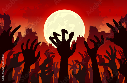 Fotomurale Hand and arms of zombies rise up a lot at the same time with an abandoned city and full moon background