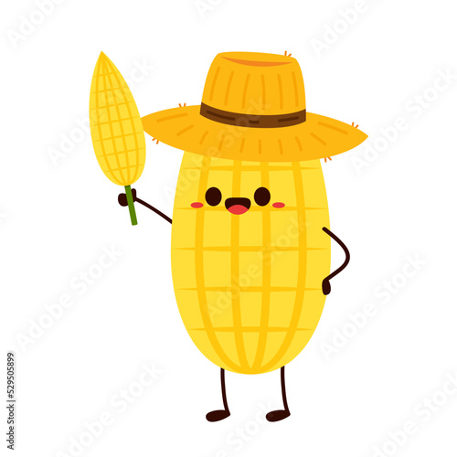 Corn cartoon vector. Cute vegetable vector character isolated on white. Corn mascot. Farmer hat. Peasant hat vector.