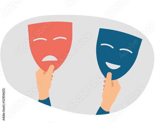 Two hands holds happy and sad masks. Person suffers from split dual personality disorder. Illustration of schizophrenia. Bipolar and duality, psychology, mood swings concept. Vector illustration photo